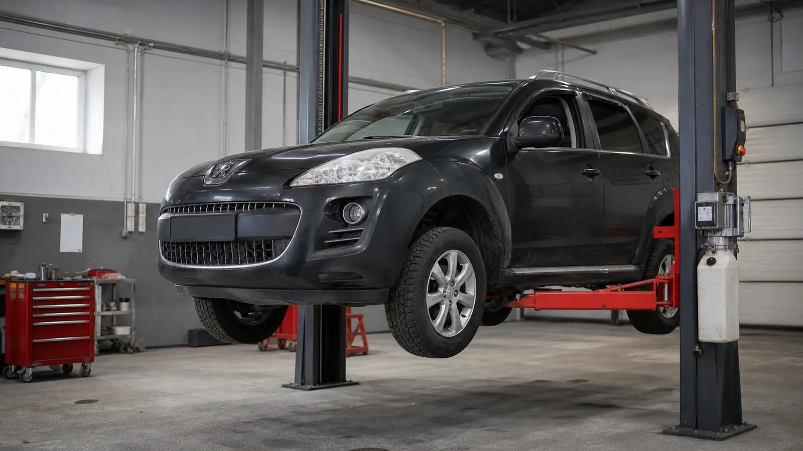 Peugeot 4007 на подъёмнике при диагностике подвески и привода — иллюстрация