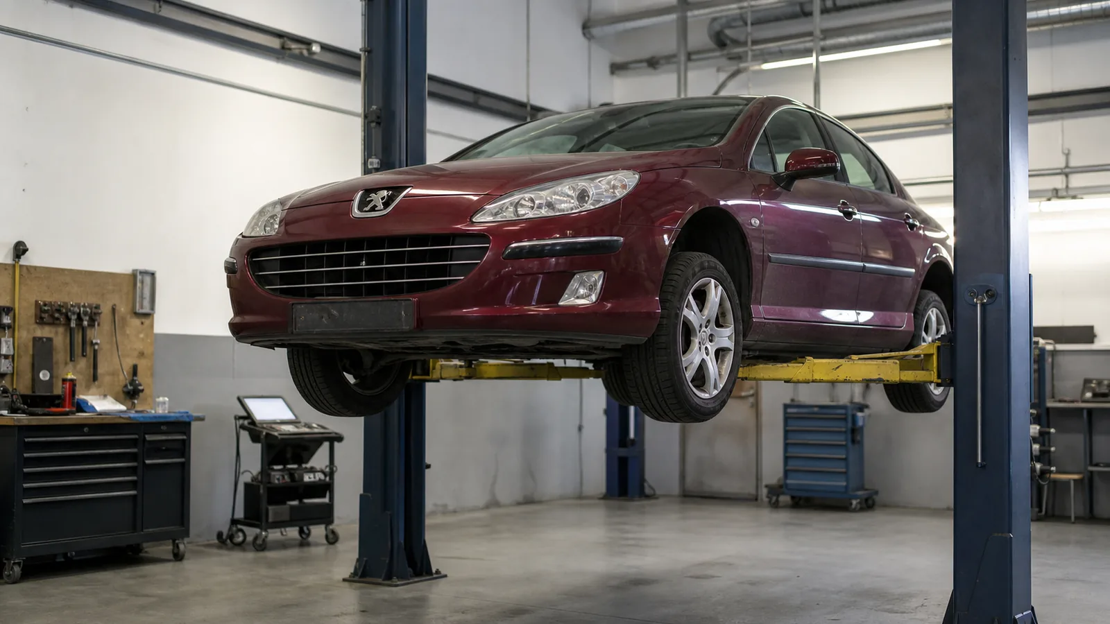 Peugeot 407 на подъёмнике при проверке передней подвески — иллюстрация