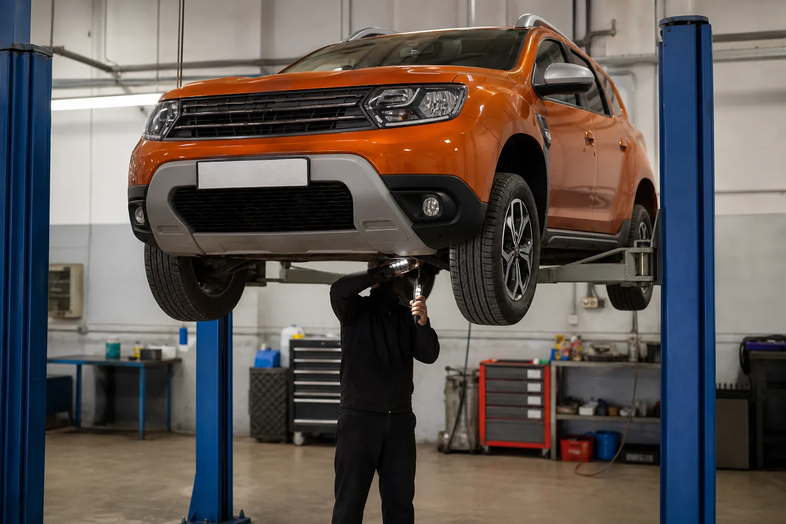 Renault Duster на подъёмнике при осмотре днища — иллюстрация