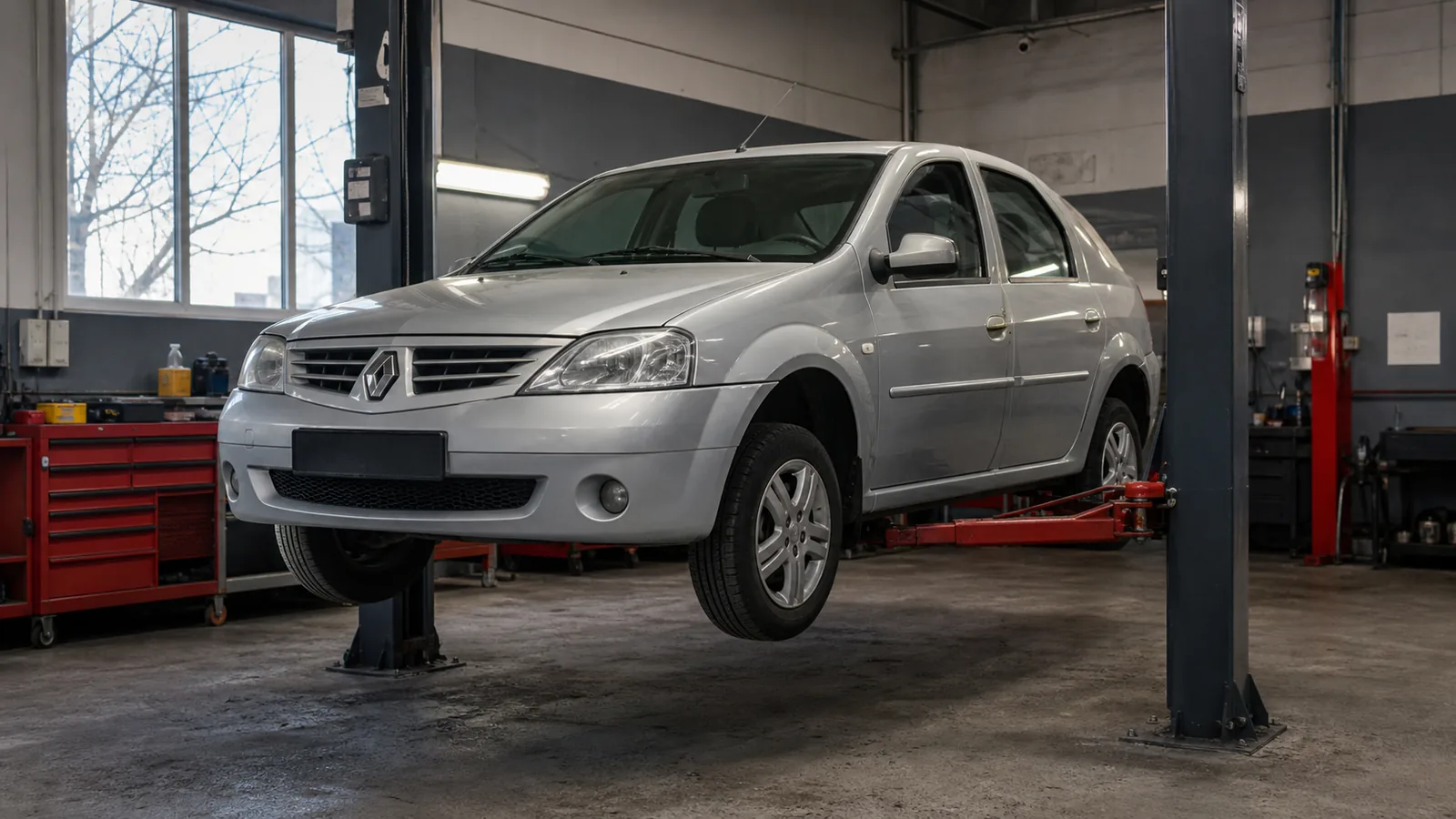 Renault Logan на подъёмнике при диагностике ходовой части — иллюстрация