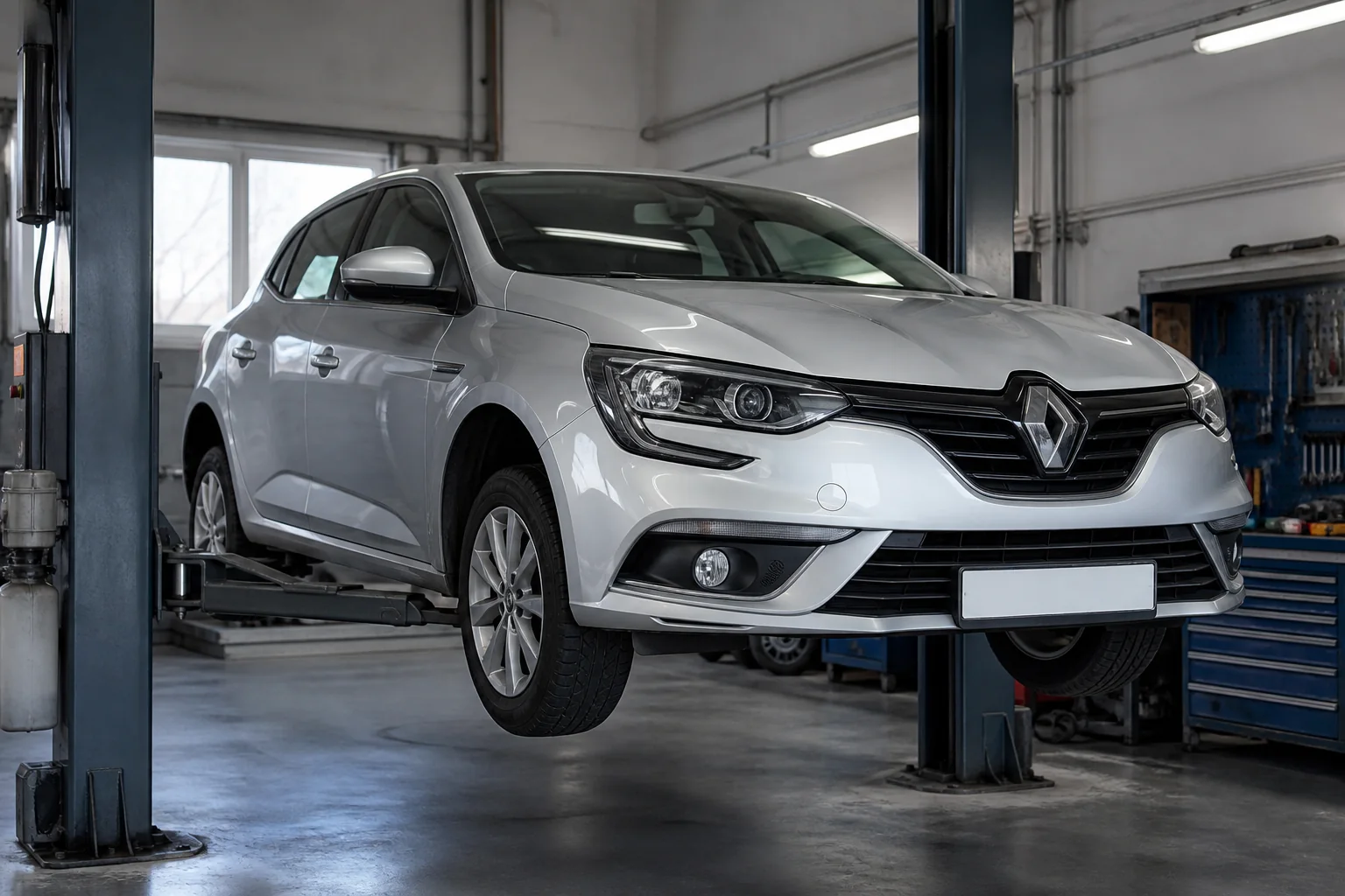 Renault Megane на подъёмнике при осмотре подвески — иллюстрация