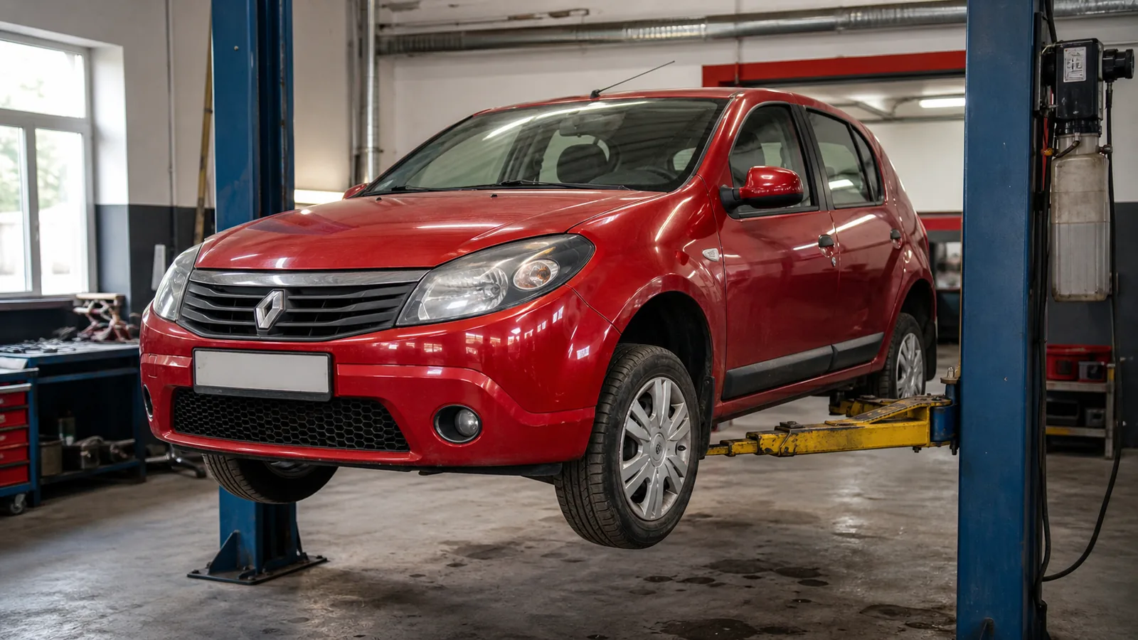 Renault Sandero на подъёмнике при осмотре ходовой части — иллюстрация