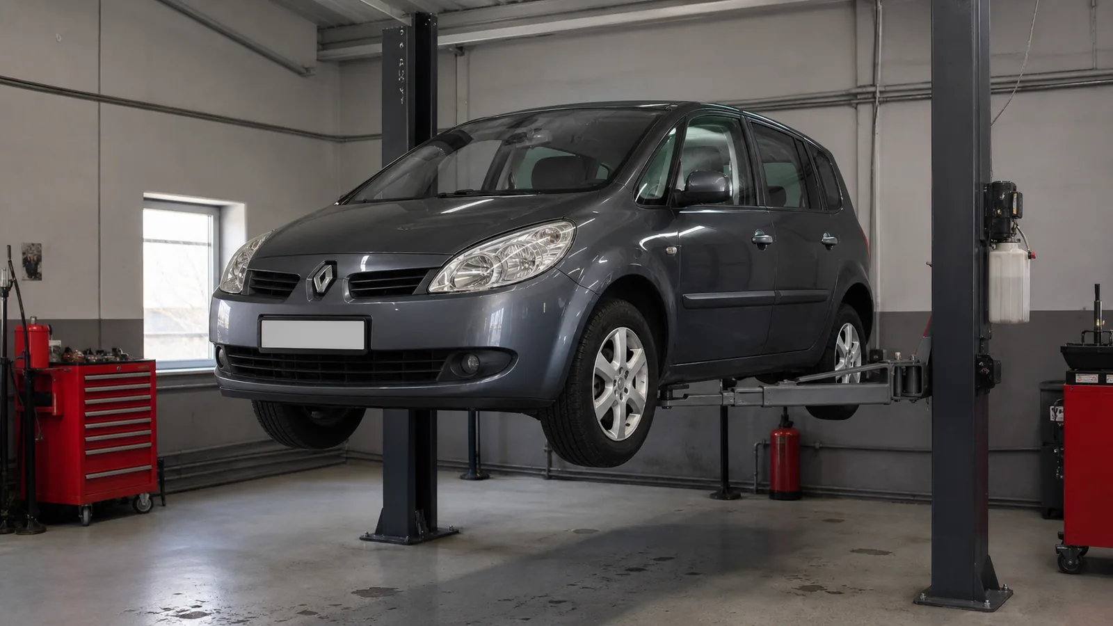 Renault Scenic на подъёмнике при диагностике семейного автомобиля — иллюстрация