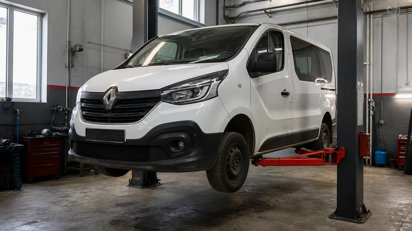 Renault Trafic на подъёмнике при проверке ходовой части — иллюстрация