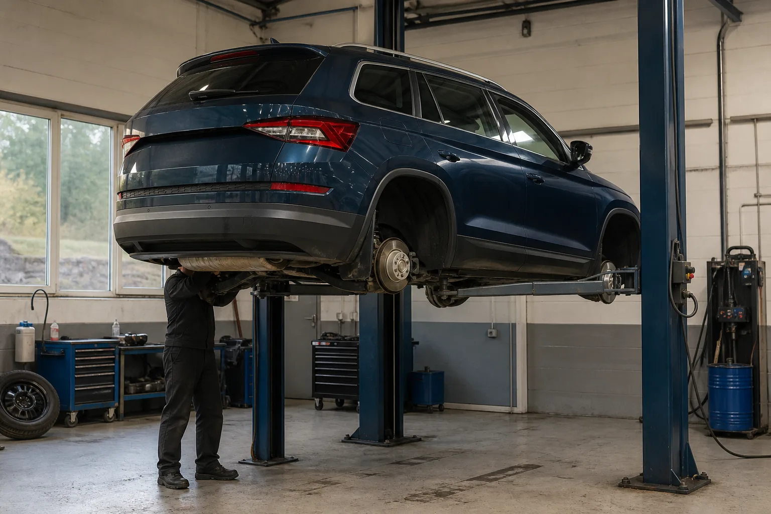 Skoda Kodiaq на подъёмнике при осмотре днища и тормозов — иллюстрация