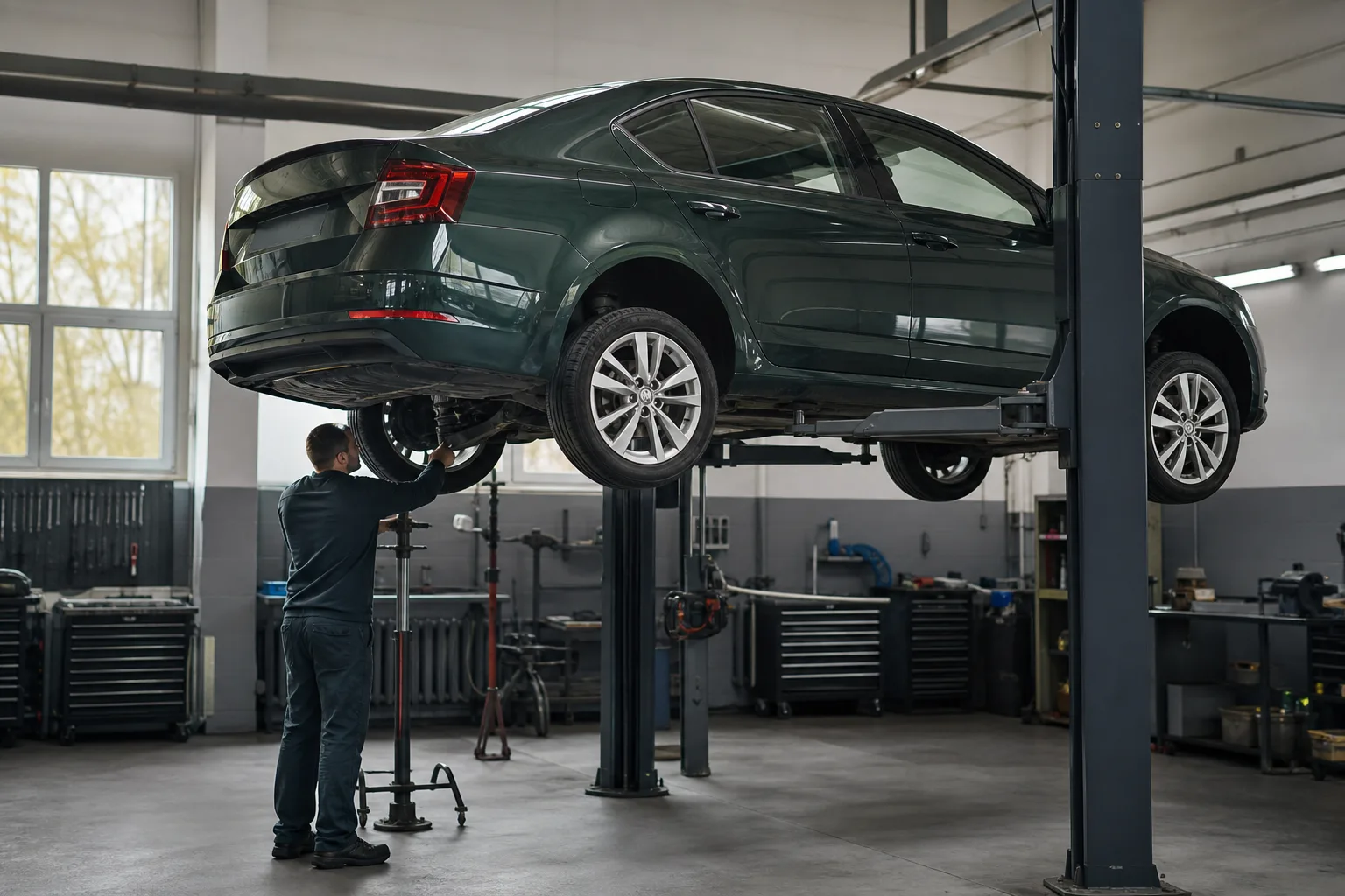 Skoda Octavia на подъёмнике при осмотре системы охлаждения и днища — иллюстрация