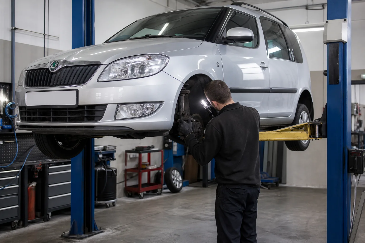 Skoda Roomster на подъёмнике при проверке подвески — иллюстрация