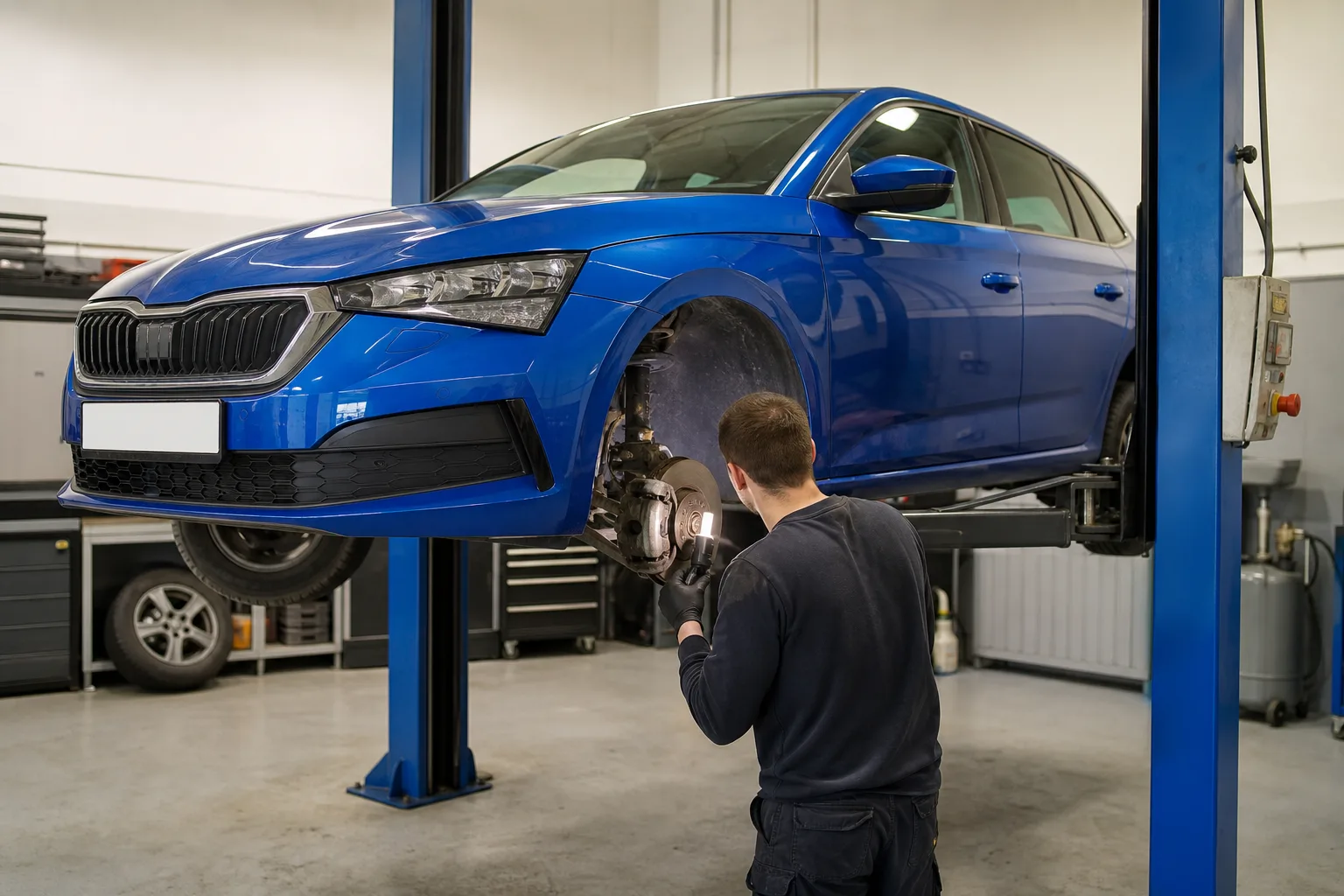 Skoda Scala на подъёмнике при проверке передних тормозов — иллюстрация