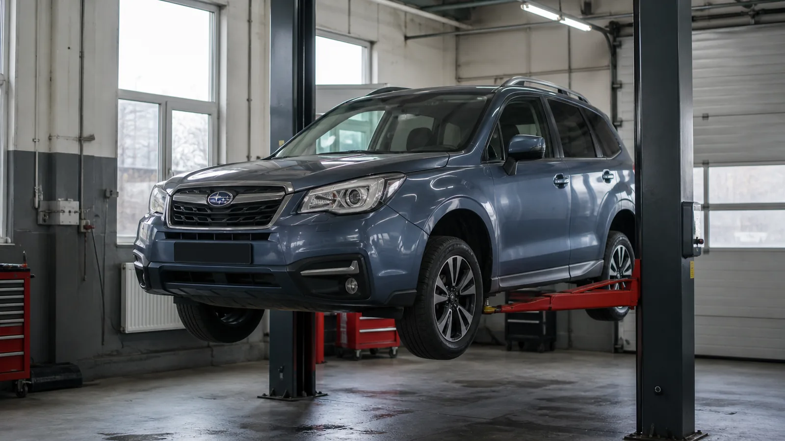 Subaru Forester на подъёмнике при диагностике полного привода — иллюстрация