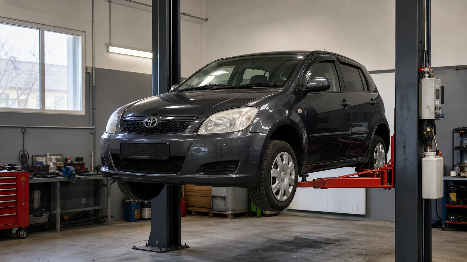 Toyota Ist на подъёмнике при диагностике ходовой части — иллюстрация