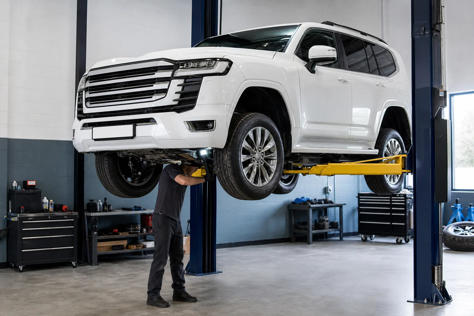 Toyota Land Cruiser 300 на подъёмнике при осмотре подвески и днища — иллюстрация
