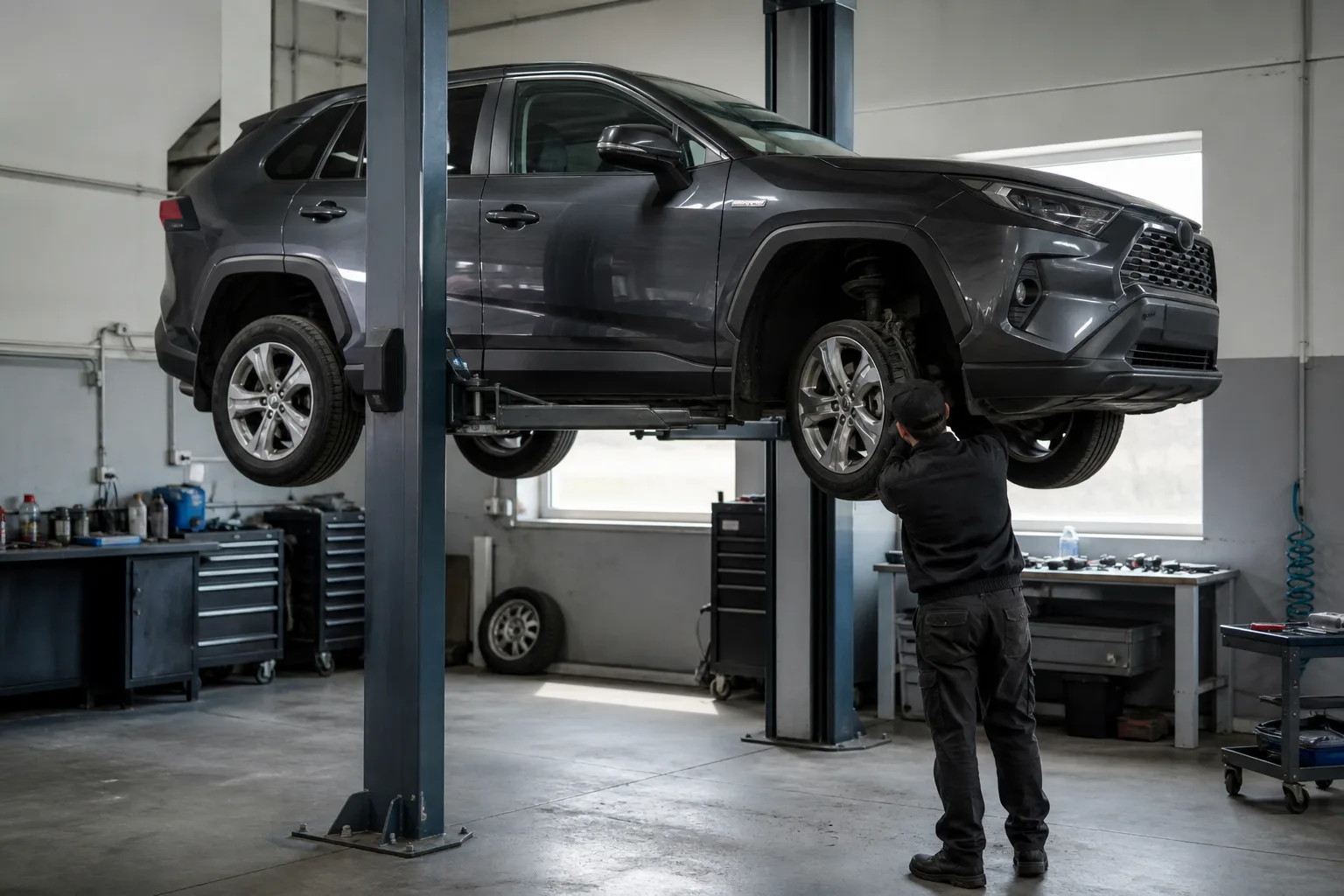 Toyota RAV4 на подъёмнике при проверке ходовой части и тормозов — иллюстрация