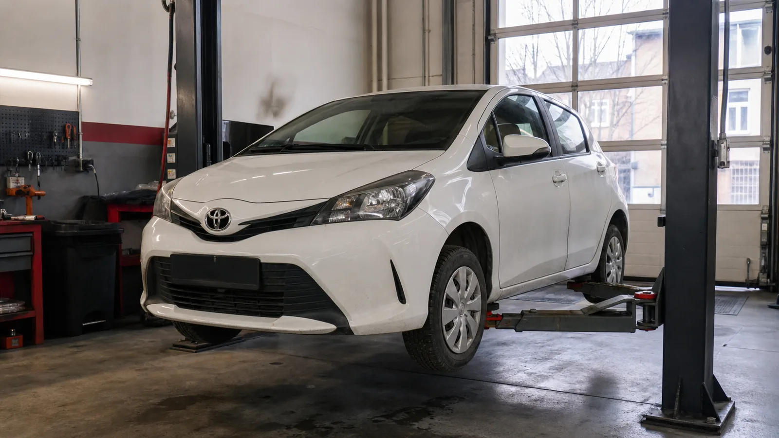 Toyota Yaris на подъёмнике при осмотре ходовой части — иллюстрация