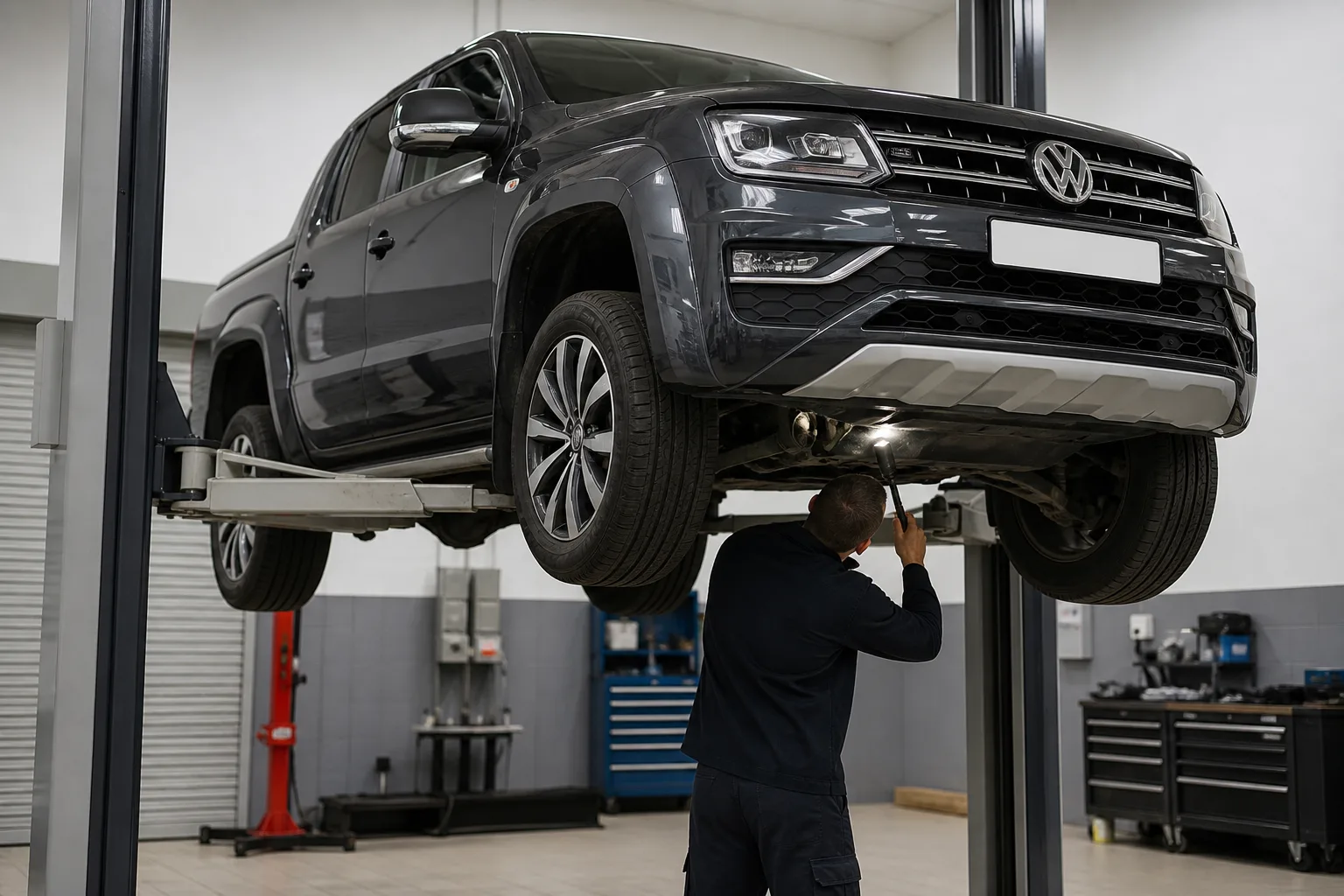 Volkswagen Amarok на подъёмнике при осмотре ходовой части — иллюстрация