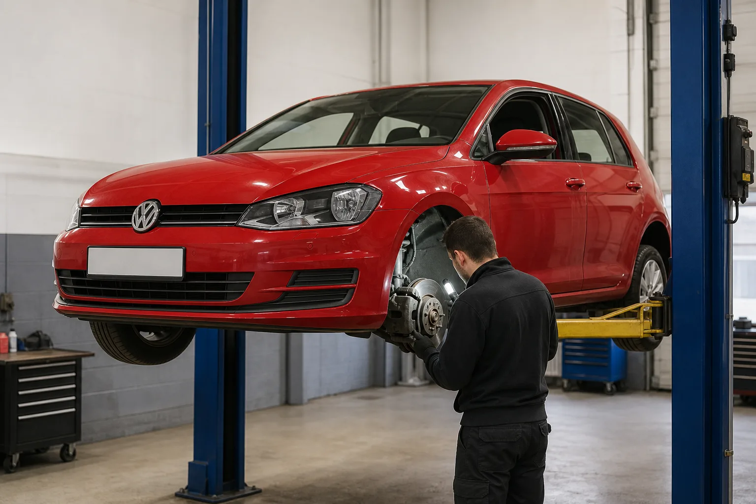 Volkswagen Golf на подъёмнике при проверке передних тормозов — иллюстрация