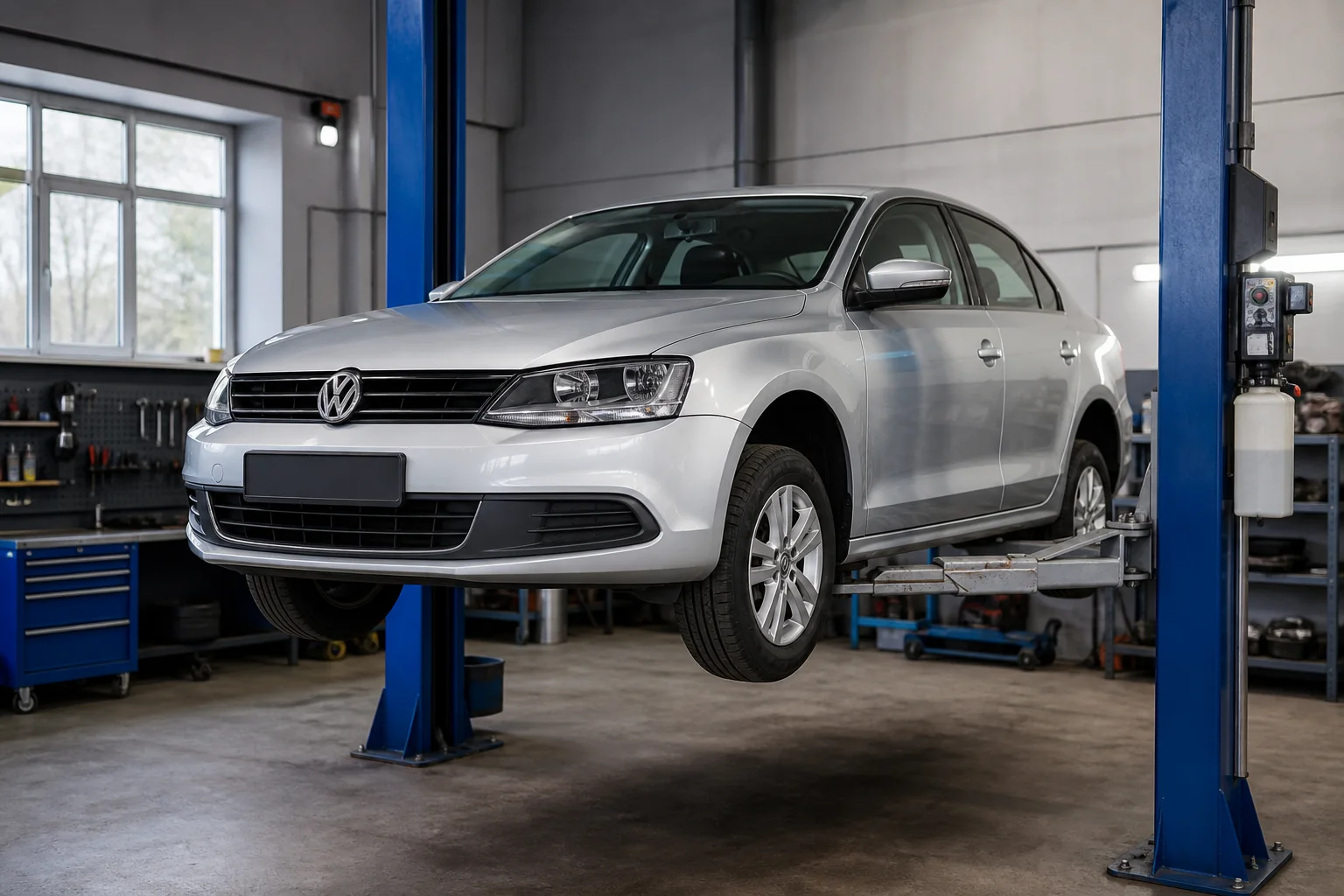 Volkswagen Jetta на подъёмнике при проверке подвески — иллюстрация