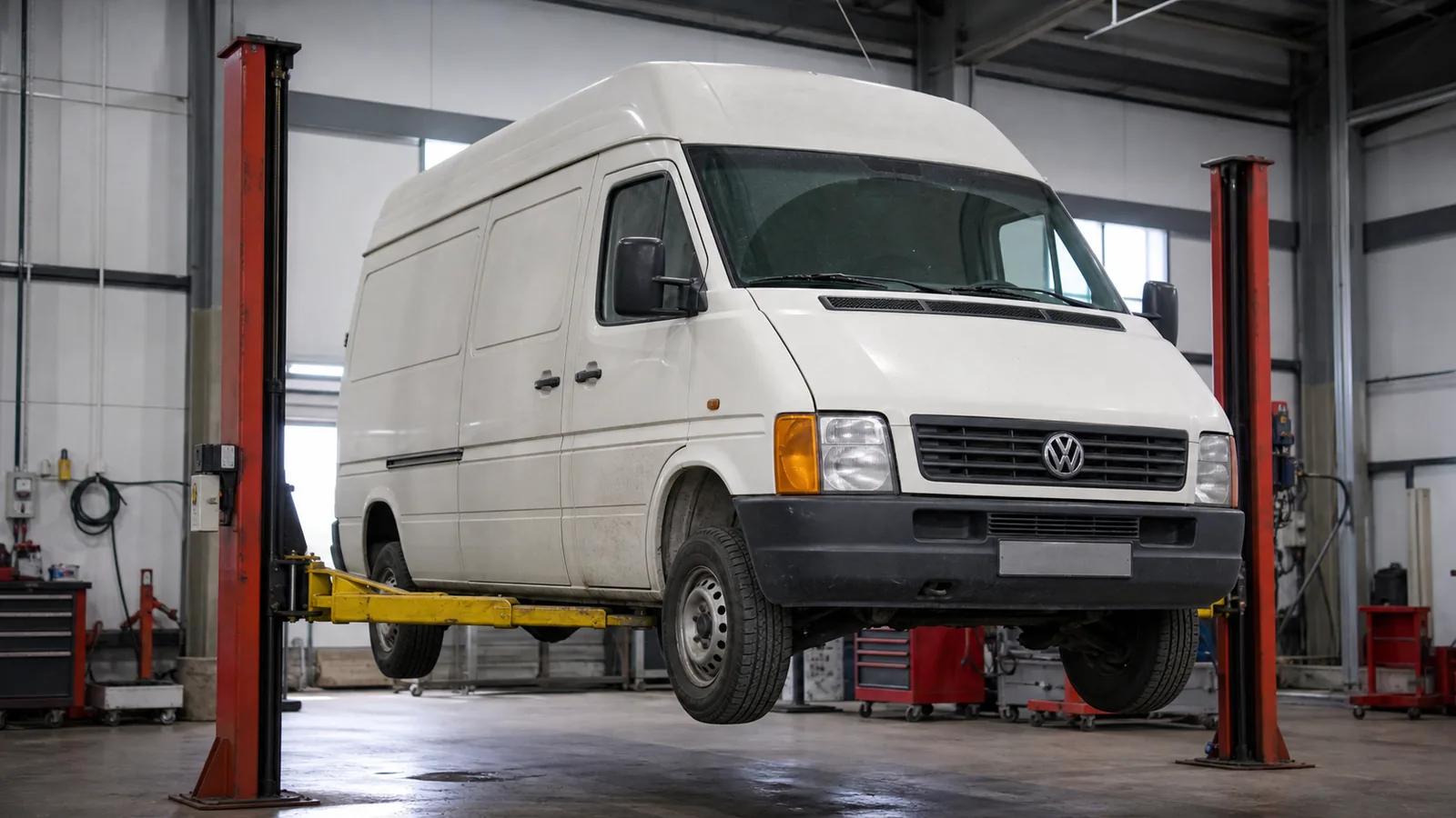 Volkswagen LT на усиленном подъёмнике при осмотре ходовой — иллюстрация