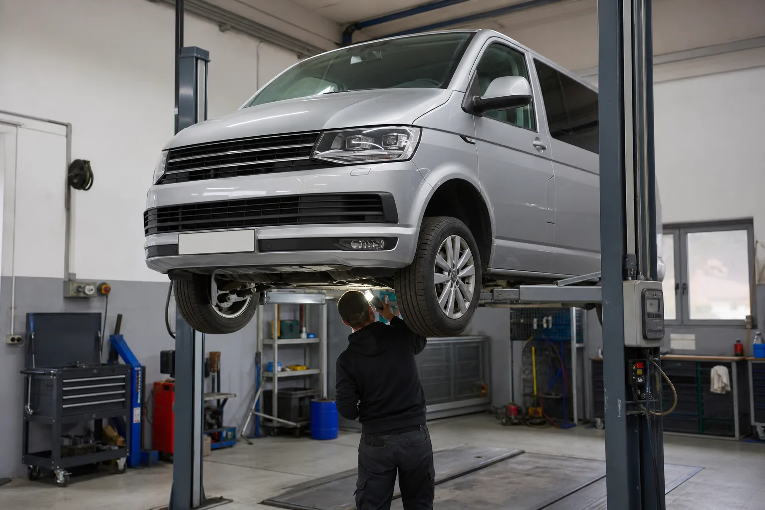 Volkswagen Multivan на подъёмнике при осмотре днища — иллюстрация