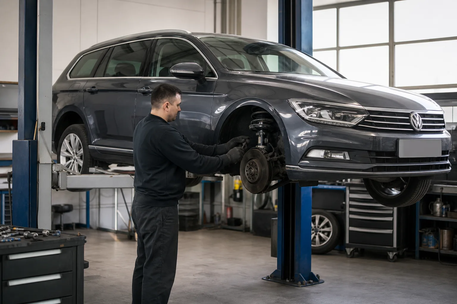 Volkswagen Passat на подъёмнике при проверке подвески и рулевого управления — иллюстрация