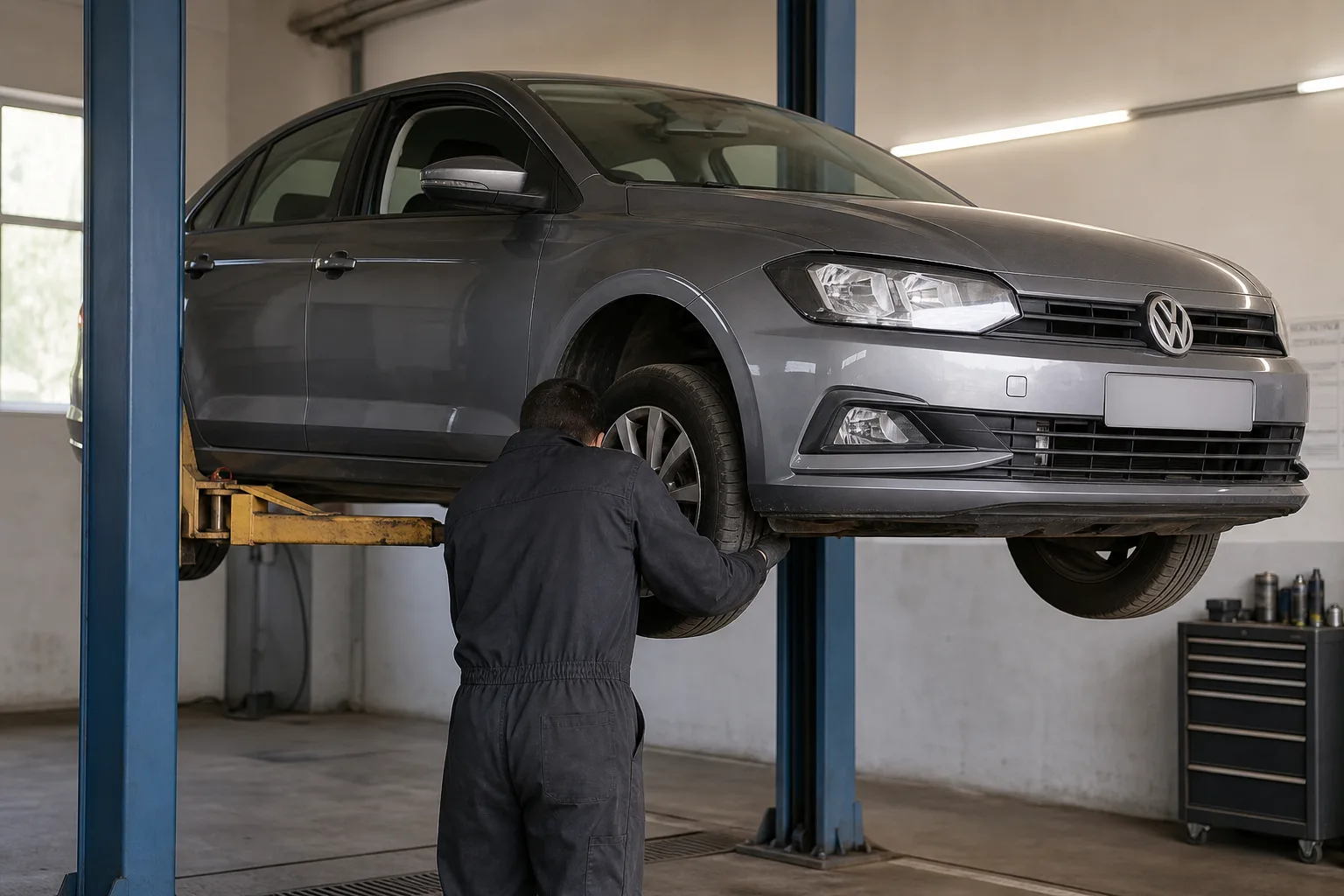 Volkswagen Polo на подъёмнике при проверке тормозов — иллюстрация