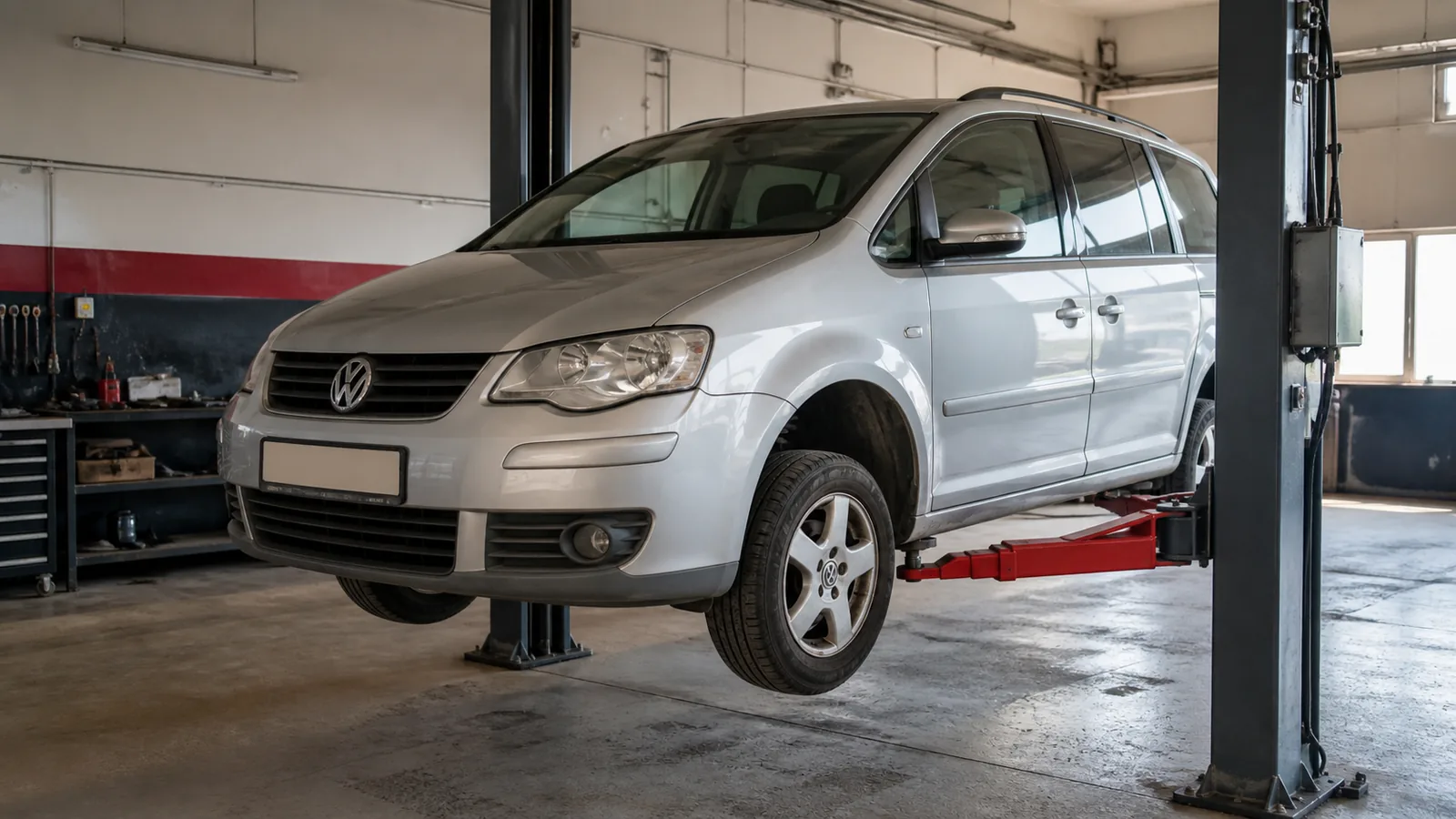 Volkswagen Sharan на подъёмнике при диагностике ходовой части — иллюстрация