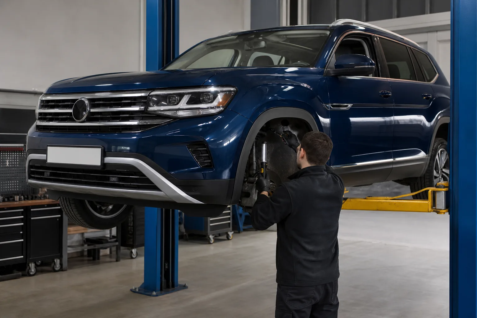 Volkswagen Teramont на подъёмнике при диагностике подвески — иллюстрация