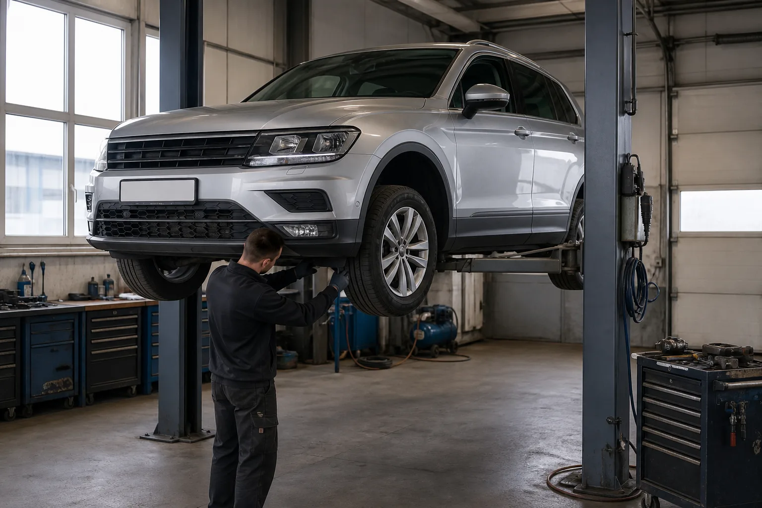 Volkswagen Tiguan на подъёмнике при проверке рулевого управления и подвески — иллюстрация